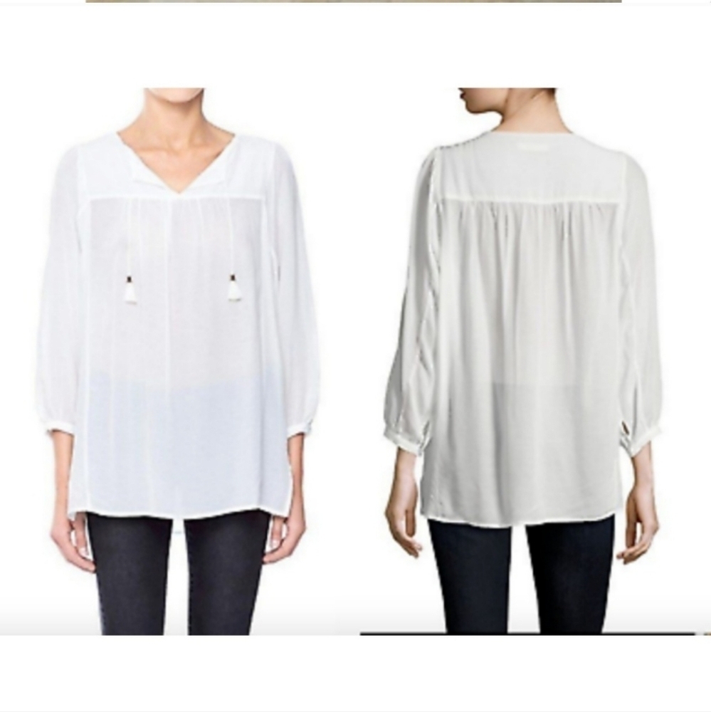 Anine Bing White Bohemian V-Neck Tassel Blouse XS 100% Viscose